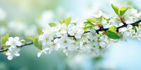 Poster - Close up of a tree branch with delicate white flowers, suitable for nature and spring themed designs
