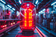 © ADDICTIVE STOCK - Generative AI illustration of futuristic red capsule with illuminated segments in a high-tech industrial setting, resembling a sci-fi energy core or power source