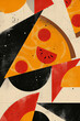© ADDICTIVE STOCK - Generative AI illustration of abstract art featuring pizza slice motifs with geometric shapes and a textured vintage background