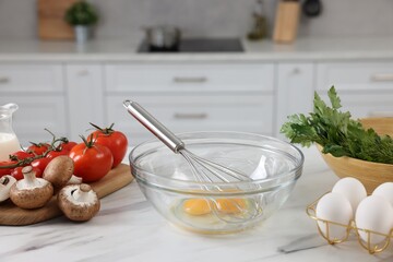 Wall Mural - Whisk, bowl, and different ingredients on white marble table indoors