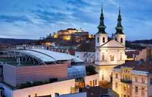 Czech Republic - Brno skyline at night with sqaure and cathedral Petrov