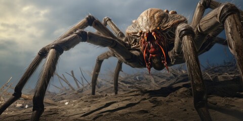 Poster - A giant spider sitting on top of a pile of dirt. Suitable for nature and Halloween themed designs