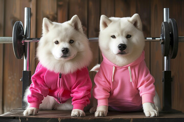 Two dogs in the gym in sports pink suits look at the camera. Sports lifestyle. Taking care of pets. Funny animals. Athletic dogs in funny clothes.