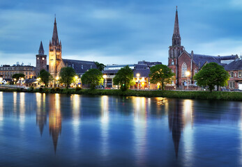 Wall Mural - Inverness with two churches at night, Scotland
