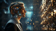 Man profile with futuristic cyber-brain integrating with advanced technology interface