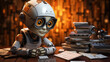 Whimsical robot with large eyes at a desk, surrounded by books, suggesting a quest for knowledge in the age of AI.