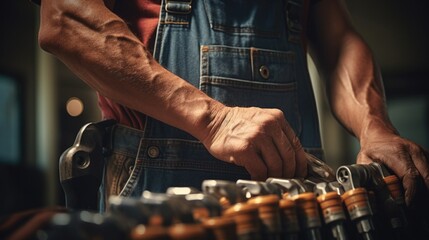 Fototapete - A close up of a person holding a wrench. Suitable for industrial or DIY projects