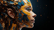 Futuristic humanoid with a complex mechanical design and vibrant blue and gold details in profile view