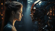 Intimate profile view of a woman and a robot, symbolizing the convergence of humanity and technology