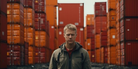 Poster - A man standing in front of numerous shipping containers, suitable for industrial concepts