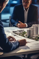 Poster - Two men sitting at a table with a model of a building, suitable for architectural concepts