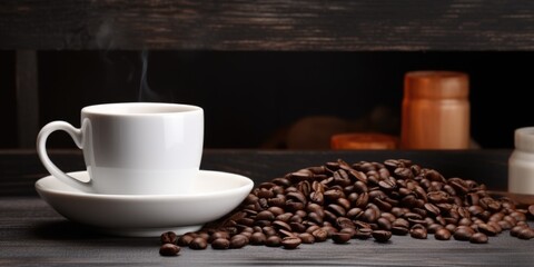 Poster - A cup of coffee next to a pile of coffee beans. Perfect for coffee lovers