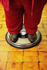 Aufkleber - Person in red pants standing on a scale, suitable for health and fitness concepts