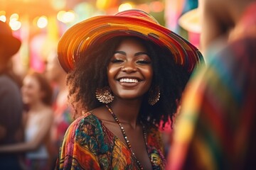 Canvas Print - A woman wearing a colorful hat smiles at the camera. Suitable for various advertising purposes