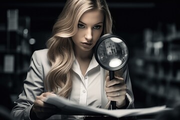 Poster - A woman looking through a magnifying glass. Perfect for educational and research concepts
