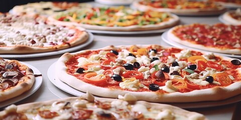 Wall Mural - Various types of pizza on a table, perfect for food-related projects