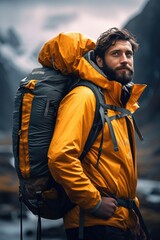 Poster - A man carrying a backpack, suitable for travel or outdoor adventure concepts