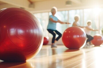 Poster - Group of people doing exercises on colorful exercise balls. Suitable for fitness and health concepts
