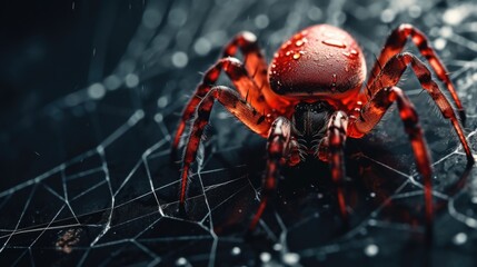 Poster - A red spider sitting on top of a spider web. Suitable for Halloween-themed designs