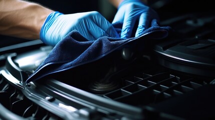 Poster - A person in blue gloves cleaning a car engine. Ideal for automotive maintenance concepts
