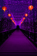 Poster - The bridge over the pond is decorated with LED lights at night