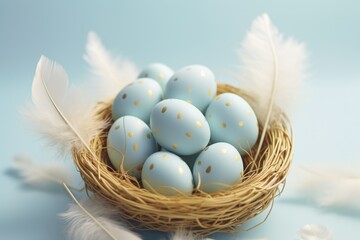 Poster - A nest filled with blue eggs and white feathers. Ideal for spring and Easter themes