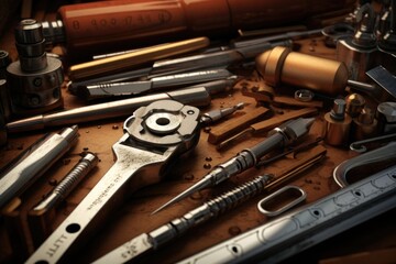 Poster - Various tools arranged neatly on a table. Suitable for construction and DIY projects