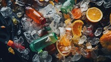 Various Bottles And Oranges Stacked On A Pile Of Ice. Suitable For Beverage Or Fruit Concept