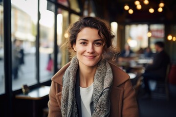 Poster - Woman standing by window in restaurant. Ideal for food and drink concepts