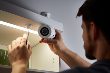 Poster - A man installing a security camera, suitable for security systems