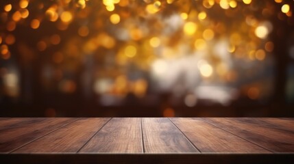 Aufkleber - A wooden table with blurred lights in the background. Suitable for various concepts