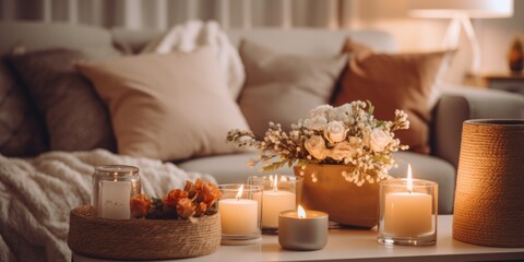 Poster - A cozy coffee table setup with candles and flowers, perfect for home decor or event planning