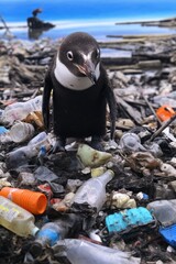 Poster - A penguin standing on top of a pile of trash. Suitable for environmental awareness campaigns