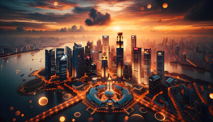 Wall Mural - the Singapore skyline illuminated by the warm glow of the setting sun