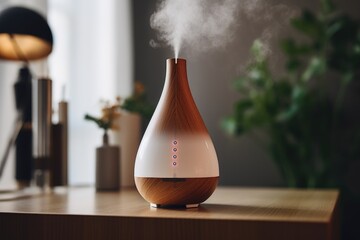 Poster - A humidifier sitting on a table with a plant in the background. Ideal for home improvement and indoor gardening concepts