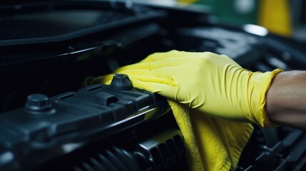 Aufkleber - A person in yellow gloves cleaning a car engine. Ideal for automotive maintenance concepts.