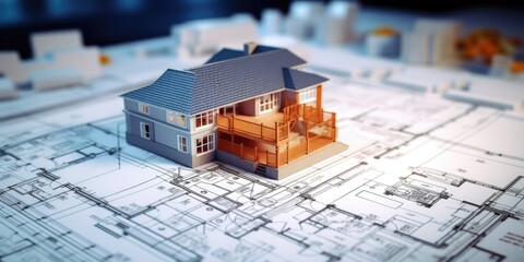 Poster - House model placed on top of a blueprint, suitable for architectural projects