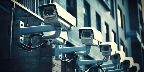 Poster - Row of surveillance cameras on a building, useful for security concepts