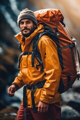 Poster - A man wearing a backpack and a hat. Suitable for travel or outdoor adventure concepts