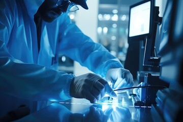 Poster - A man in a lab coat working on a machine. Suitable for science and technology concepts