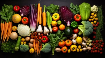 Wall Mural - Top view of a lot of fresh vegetables and greens on a wooden background. Broccoli, Cabbage, Carrots, Peas, Peppers, Tomatoes, Garlic, Parsley, Spinach. Vegetarian, Vegan, Healthy Food, Harvest concept