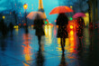 Rainy Evening in Paris. Blurred view of people with colorful umbrellas on a rain-soaked Parisian street, Eiffel Tower in the distance.
