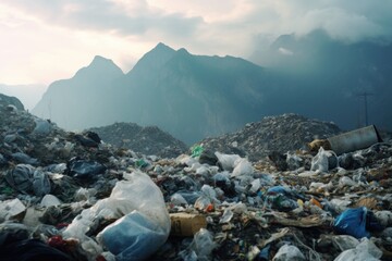 Poster - A large pile of trash with scenic mountains in the background. Suitable for environmental and pollution themes