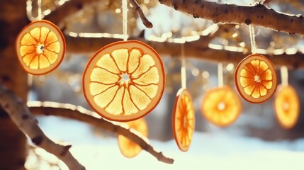 Poster - Fresh orange slices hanging from a tree, perfect for food or nature concepts
