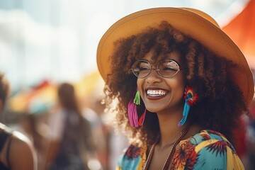 Poster - Woman with glasses and hat smiling at the camera, suitable for various projects