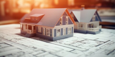 Wall Mural - House model on top of a blueprint, suitable for real estate projects