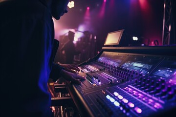 Poster - Professional working on sound board, suitable for music industry projects