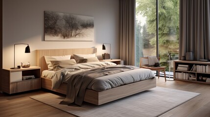 Poster - A cozy bedroom featuring a spacious bed and a large window. Suitable for home decor or interior design concepts