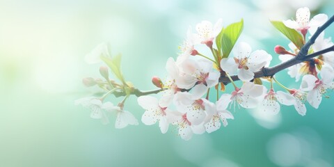 Poster - Close up shot of a tree branch with white flowers, perfect for nature and spring-themed designs