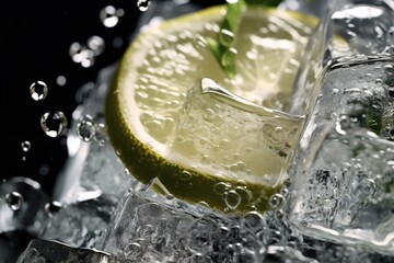 Poster - A refreshing lime slice with ice cubes on a black background. Perfect for summer drink concepts